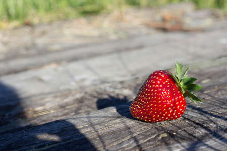 Red ripe strawberries on the background of wooden boardsの写真素材
