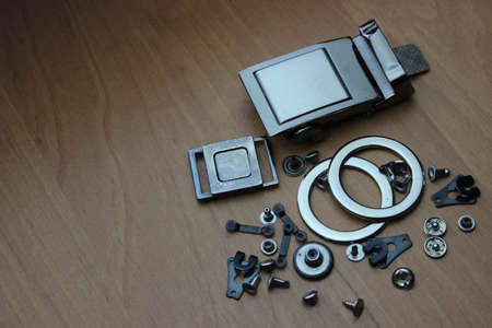 Sewing accessories on the background of wooden boardsの写真素材