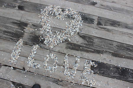 Inscription I love made by seashells on the background of boards