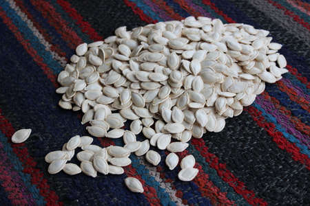 Heap of pumpkin seeds on an old carpet.