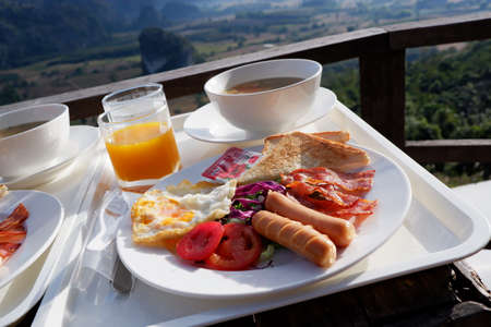 Breakfast with Mountain view in thailandの写真素材