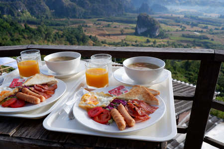 Breakfast with Mountain view in thailandの写真素材