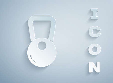 Paper cut Kettlebell icon isolated on grey background. Sport equipment. Paper art style. Vector Illustrationのイラスト素材