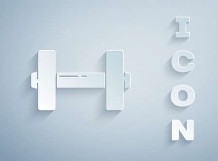 Paper cut Dumbbell icon isolated on grey background. Muscle lifting icon, fitness barbell, gym, sports equipment, exercise bumbbell. Paper art style. Vector Illustrationのイラスト素材