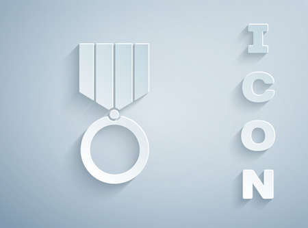 Paper cut Medal icon isolated on grey background. Winner achievement sign. Award medal. Paper art style. Vector Illustrationのイラスト素材