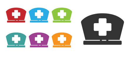 Black Nurse hat with cross icon isolated on white background. Medical nurse cap sign. Set icons colorful. Vector Illustrationのイラスト素材