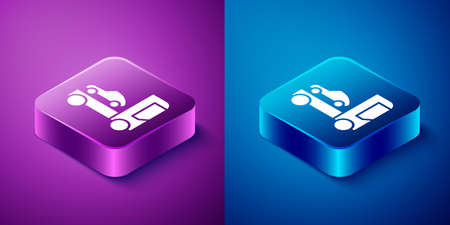 Isometric Car transporter truck for transportation of car icon isolated on blue and purple background. Square button. Vector Illustrationのイラスト素材