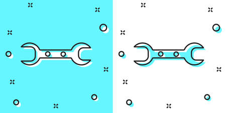 Black line Wrench spanner icon isolated on green and white background. Random dynamic shapes. Vector Illustrationのイラスト素材