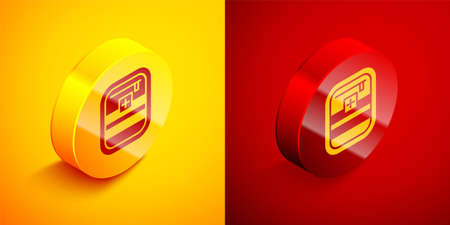 Isometric First aid kit icon isolated on orange and red background. Medical box with cross. Medical equipment for emergency. Healthcare concept. Circle button. Vector Illustrationのイラスト素材
