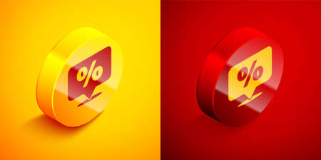 Isometric Discount percent tag icon isolated on orange and red background. Shopping tag sign. Special offer sign. Discount coupons symbol. Circle button. Vector Illustrationのイラスト素材