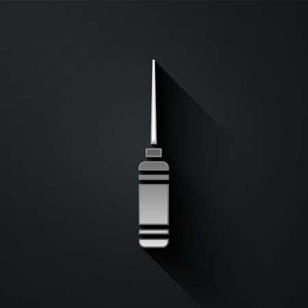 Silver Awl tool with wooden handle icon isolated on black background. Work equipment tailor industry. Long shadow style. Vector Illustrationのイラスト素材