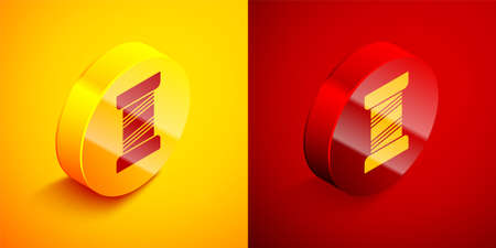 Isometric Sewing thread on spool icon isolated on orange and red background. Yarn spool. Thread bobbin. Circle button. Vector Illustrationのイラスト素材