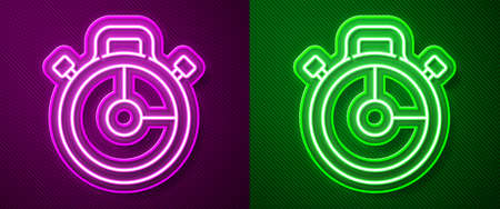 Glowing neon line Stopwatch icon isolated on purple and green background. Time timer sign. Chronometer sign. Vector Illustrationのイラスト素材