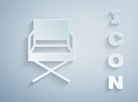Paper cut Director movie chair icon isolated on grey background. Film industry. Paper art style. Vector Illustrationのイラスト素材