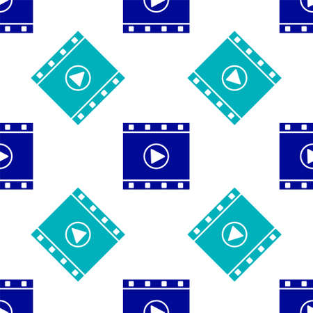 Blue Play Video icon isolated seamless pattern on white background. Film strip sign. Vector Illustrationのイラスト素材