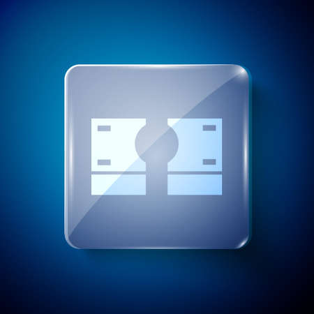 White Stacks paper money cash icon isolated on blue background. Money banknotes stacks. Bill currency. Square glass panels. Vector Illustrationのイラスト素材