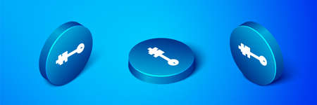 Isometric Old key icon isolated on blue background. Blue circle button. Vector Illustrationのイラスト素材