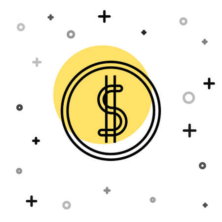 Black line Coin money with dollar symbol icon isolated on white background. Banking currency sign. Cash symbol. Random dynamic shapes. Vector Illustrationのイラスト素材