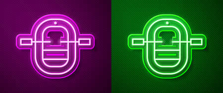 Glowing neon line Rafting boat icon isolated on purple and green background. Inflatable boat with paddles. Water sports, extreme sports, holiday, vacation. Vector Illustrationのイラスト素材