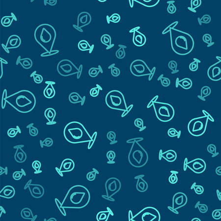 Green line Water drop with location icon isolated seamless pattern on blue background. Vector Illustrationのイラスト素材