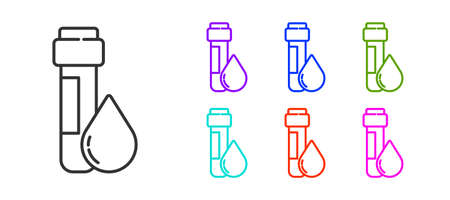 Black line Test tube with water drop icon isolated on white background. Set icons colorful. Vector Illustrationのイラスト素材