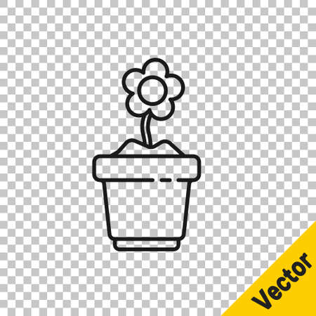 Black line Flower in pot icon isolated on transparent background. Plant growing in a pot. Potted plant sign. Vector Illustrationのイラスト素材
