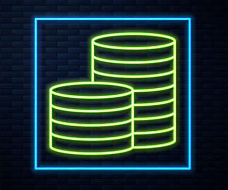 Glowing neon line Coin money icon isolated on brick wall background. Banking currency sign. Cash symbol. Vector Illustrationのイラスト素材