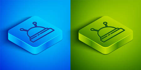 Isometric line Needle bed and needles icon isolated on blue and green background. Handmade and sewing theme. Square button. Vector Illustrationのイラスト素材