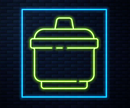 Glowing neon line Cooking pot icon isolated on brick wall background. Boil or stew food symbol. Vector Illustrationのイラスト素材