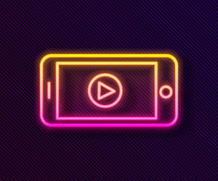 Glowing neon line Online play video icon isolated on black background. Smartphone and film strip with play sign. Vector Illustrationのイラスト素材