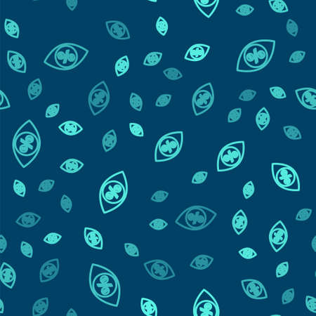 Green line Eye with percent icon isolated seamless pattern on blue background. Shopping tag sign. Special offer sign. Discount coupons symbol. Vector Illustrationのイラスト素材