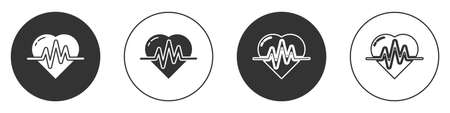 Black Heart rate icon isolated on white background. Heartbeat sign. Heart pulse icon. Cardiogram icon. Circle button. Vector Illustrationのイラスト素材