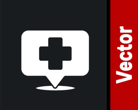 White Medical map pointer with cross hospital icon isolated on black background.  Vector Illustrationのイラスト素材