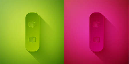 Paper cut Snowboard icon isolated on green and pink background. Snowboarding board icon. Extreme sport. Sport equipment. Paper art style. Vector Illustrationのイラスト素材