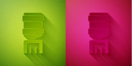 Paper cut Water cooler for office and home icon isolated on green and pink background. Water dispenser. Bottle office, plastic and liquid. Paper art style. Vector Illustrationのイラスト素材