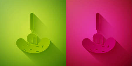 Paper cut Pickled cucumber on a fork icon isolated on green and pink background. Paper art style. Vector Illustrationのイラスト素材