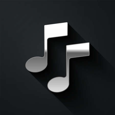 Silver Music note, tone icon isolated on black background. Long shadow style. Vector Illustrationのイラスト素材