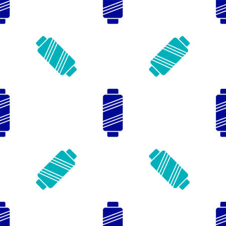 Blue Sewing thread on spool icon isolated seamless pattern on white background. Yarn spool. Thread...