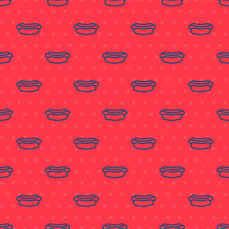 Blue line Hotdog sandwich icon isolated seamless pattern on red background. Sausage icon. Fast food sign. Vector Illustrationのイラスト素材