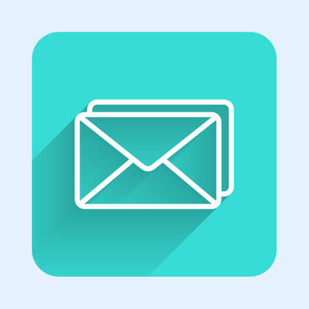 White line Envelope icon isolated with long shadow. Email message letter symbol. Green square...