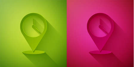 Paper cut Location with clock icon isolated on green and pink background. Paper art style. Vector...