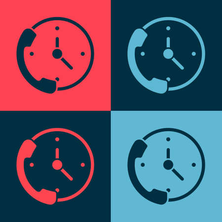 Pop art Telephone 24 hours support icon isolated on color background. All-day customer support call-center. Full time call services. Vector Illustrationのイラスト素材