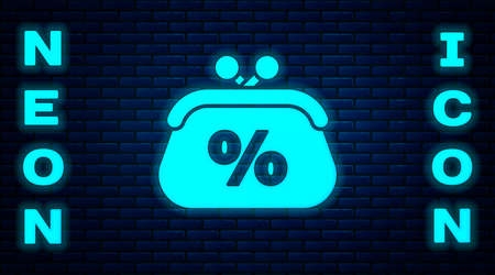 Glowing neon Purse money percent icon isolated on brick wall background. Percent loyalty wallet sign. Vector Illustrationのイラスト素材
