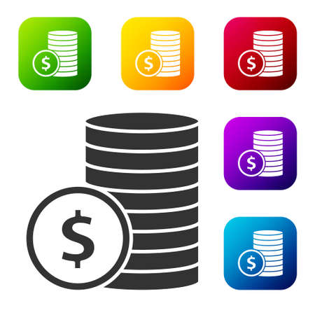 Black Coin money with dollar symbol icon isolated on white background. Banking currency sign. Cash symbol. Set icons in color square buttons. Vector Illustrationのイラスト素材