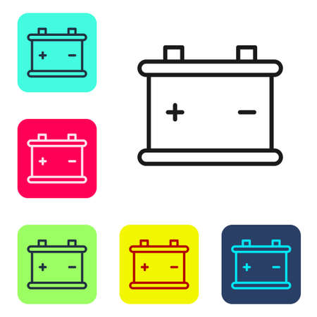 Black line Car battery icon isolated on white background. Accumulator battery energy power and electricity accumulator battery. Set icons in color square buttons. Vector Illustrationのイラスト素材