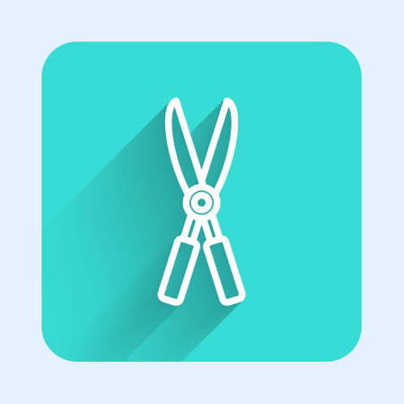White line Gardening handmade scissors for trimming icon isolated with long shadow. Pruning shears with wooden handles. Green square button. Vector Illustrationのイラスト素材