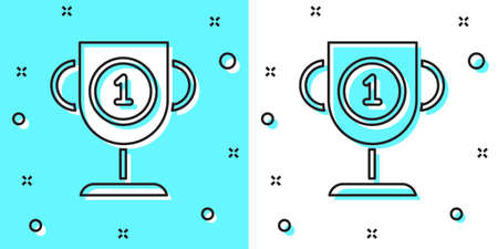 Black line Award cup icon isolated on green and white background. Winner trophy symbol. Championship or competition trophy. Sports achievement sign. Random dynamic shapes. Vector Illustrationのイラスト素材