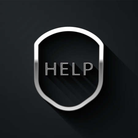 Silver Shield with text Help icon isolated on black background. Guard sign. Security, safety, protection, privacy concept. Long shadow style. Vector Illustrationのイラスト素材