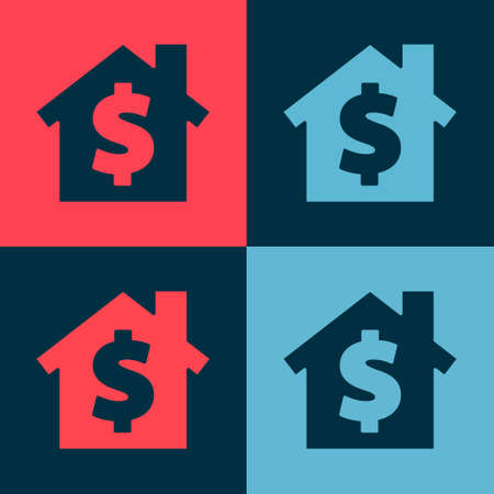 Pop art House with dollar symbol icon isolated on color background. Home and money. Real estate concept. Vector Illustrationのイラスト素材
