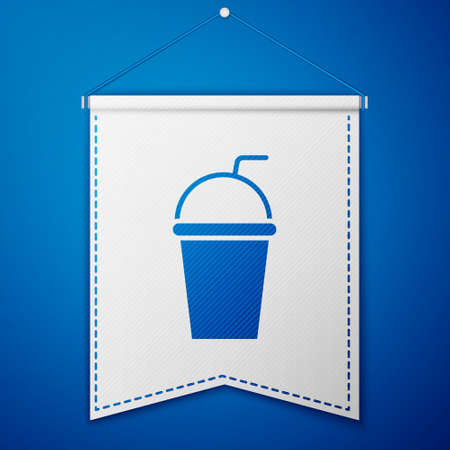 Blue Paper glass with drinking straw and water icon isolated on blue background. Soda drink glass. Fresh cold beverage symbol. White pennant template. Vector Illustrationのイラスト素材